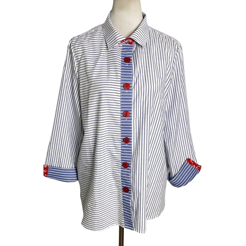 Ali Miles Blue White Striped 3/4 Red Buttons Blouse Coastal Lagenlook M